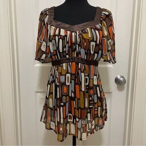 Vintage Studio 1940 Retro Print Sheer Blouse Brown Orange Women's Size Large Y2K